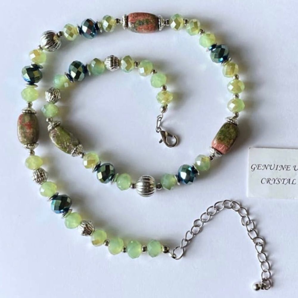 Genuine Unakite and crystal necklace